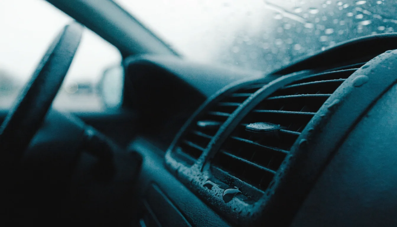 Saida de ar-condicionado automotivo com condensacao em dia frio de inverno