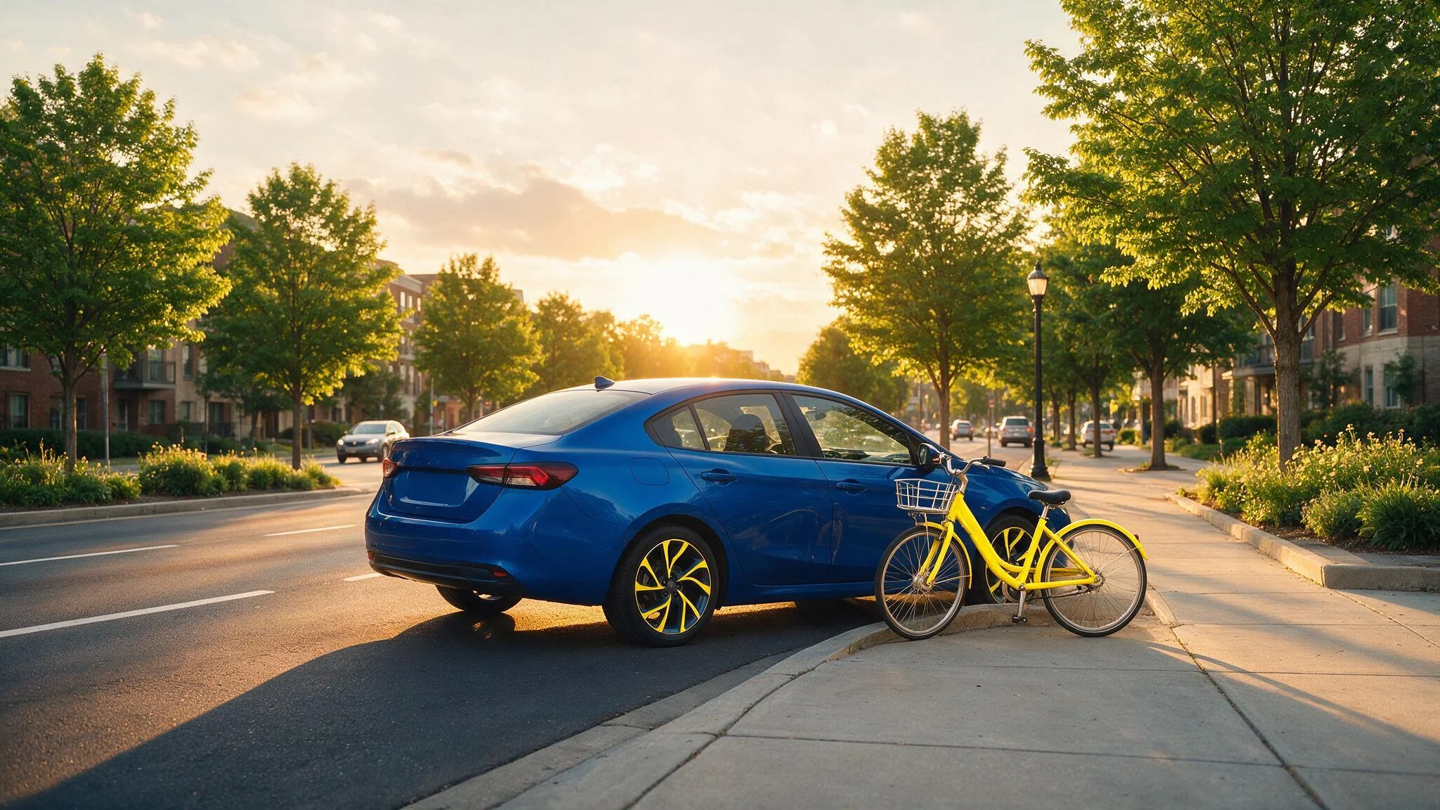 Dia Mundial sem Carro: mobilidade urbana com carro estacionado e bicicleta ao lado
