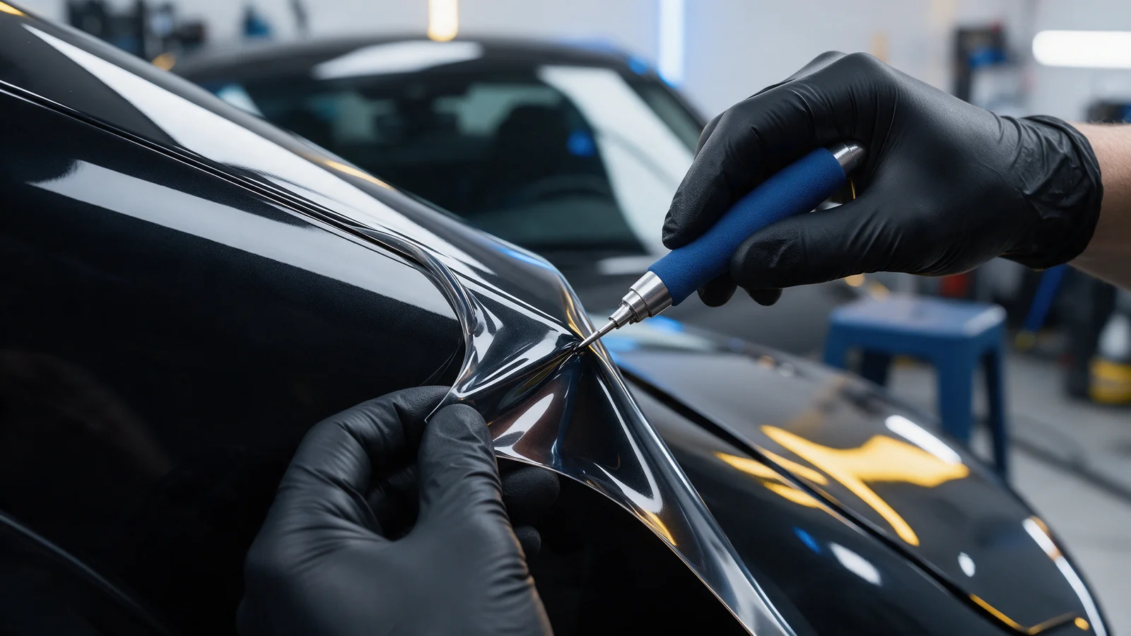 Aplicação de envelopamento automotivo no capo de um carro preto com ferramenta térmica