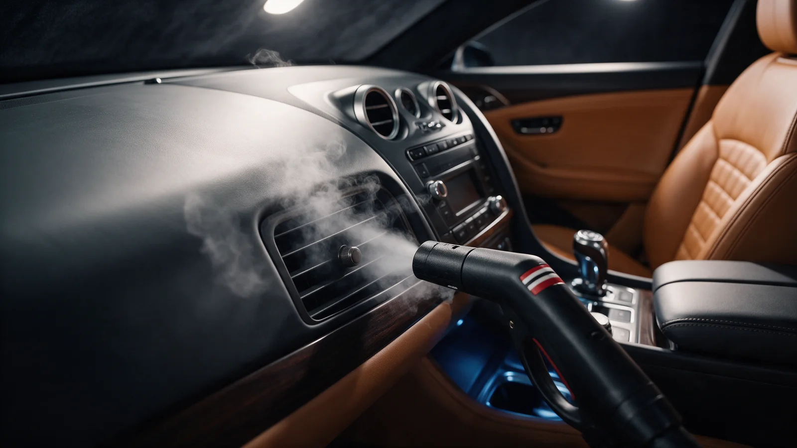 Vapor sendo aplicado na saída de ar do painel durante higienização interna do carro