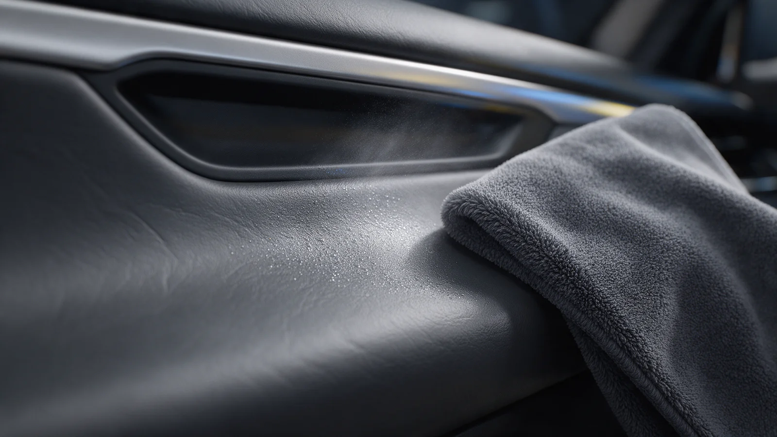 Painel do carro sendo limpo com pano de microfibra durante higienização a vapor