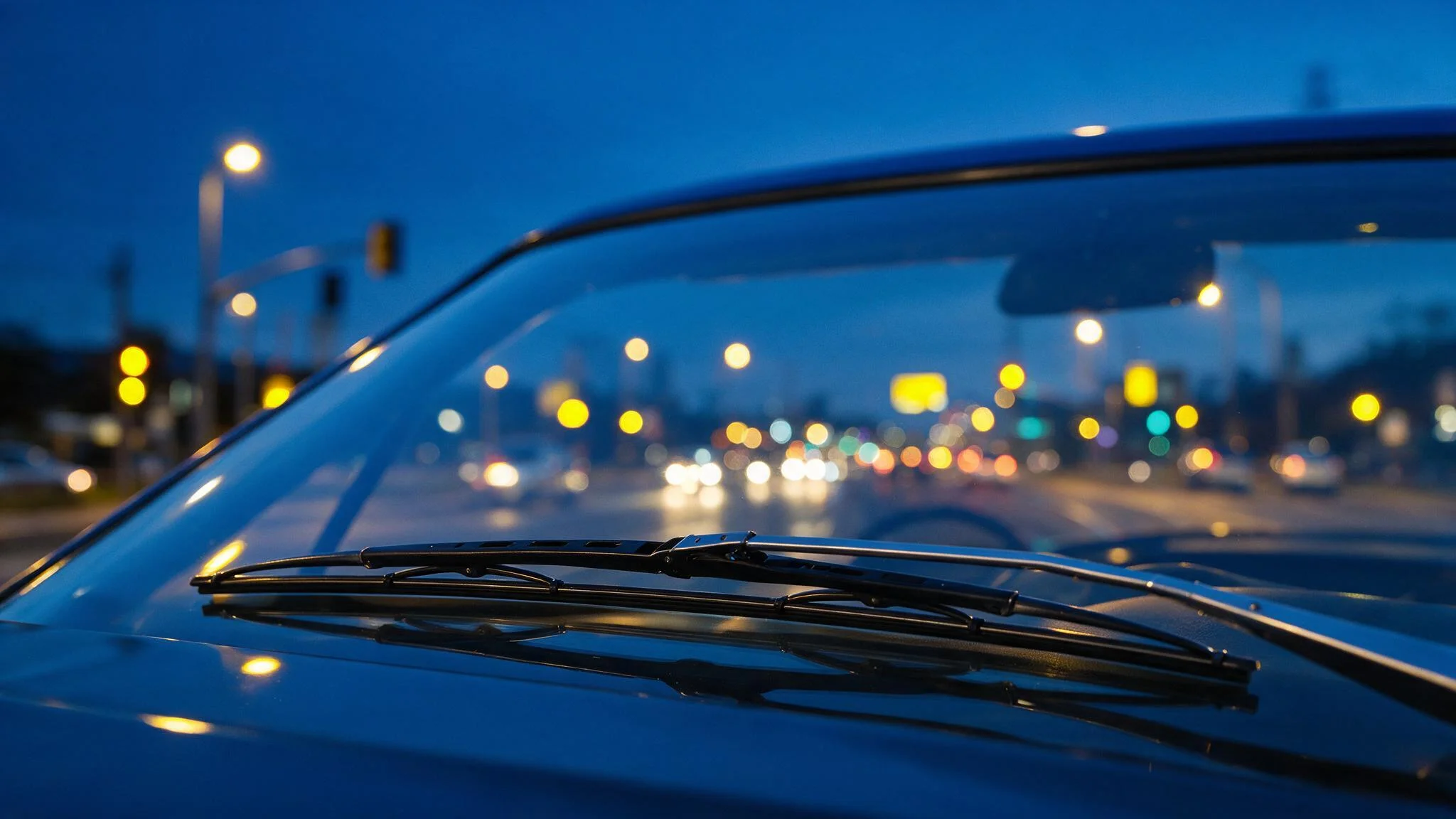 Visibilidade no para-brisa no Maio Amarelo: vidro limpo refletindo luzes do trânsito à noite