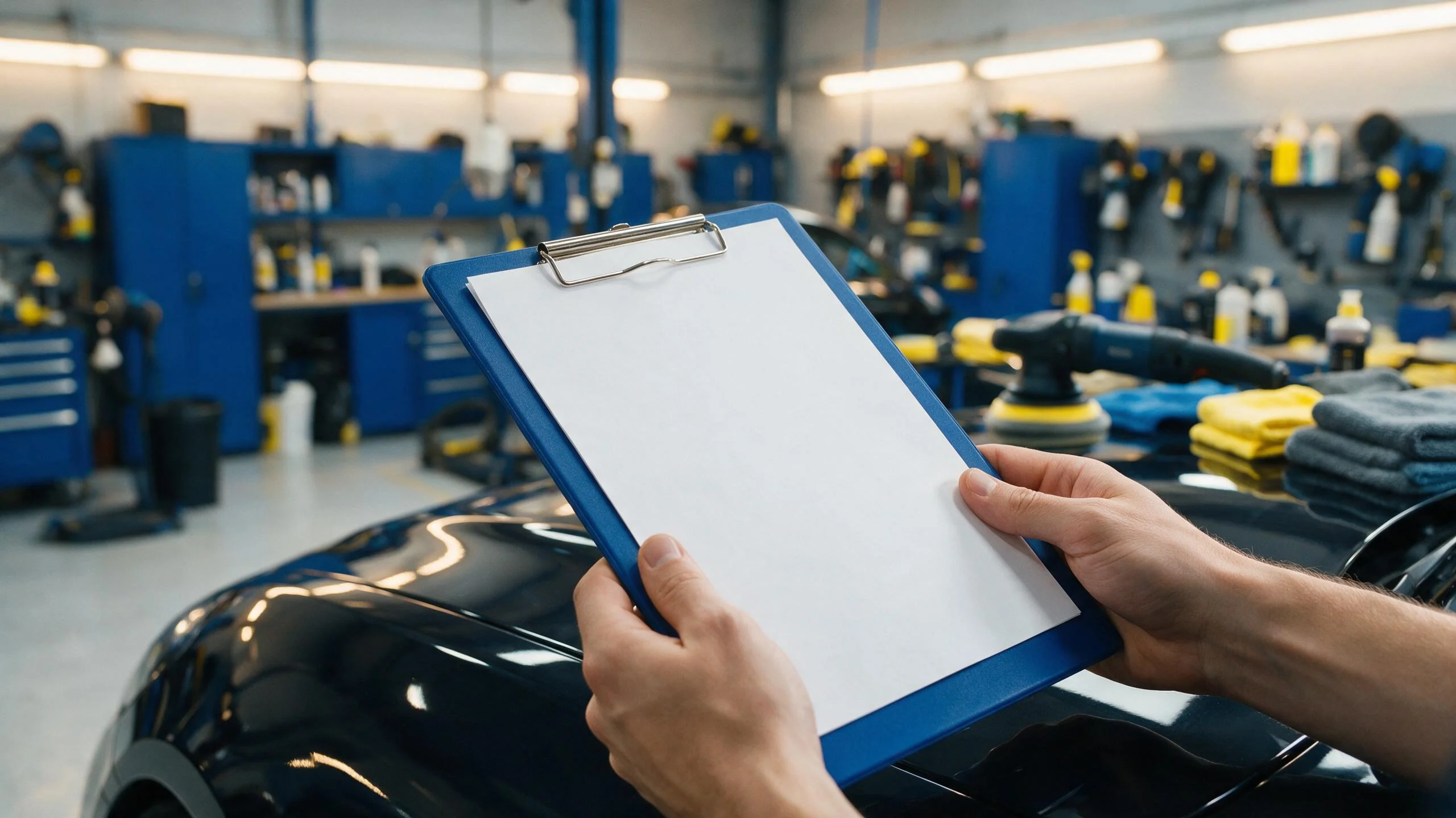Perguntas antes de contratar estética automotiva: checklist em prancheta sobre capô na garagem