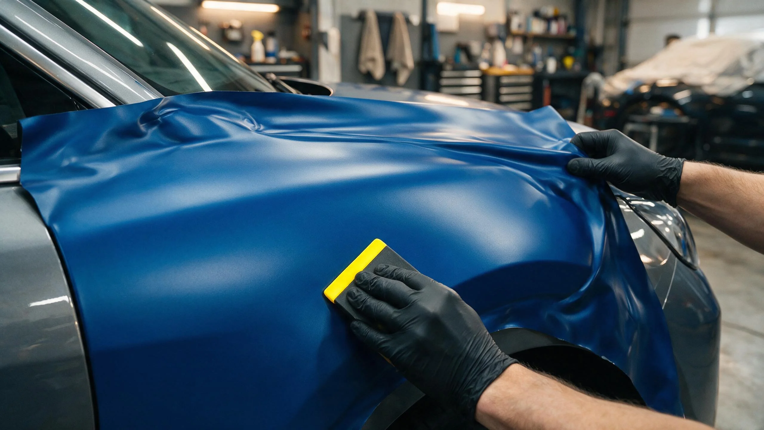 Quanto custa envelopar carro: aplicação de vinil automotivo azul em painel com espátula