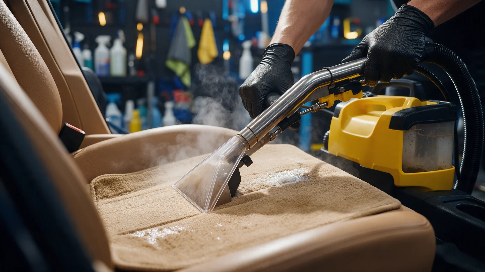 Extração de estofado durante higienização interna automotiva com equipamento profissional
