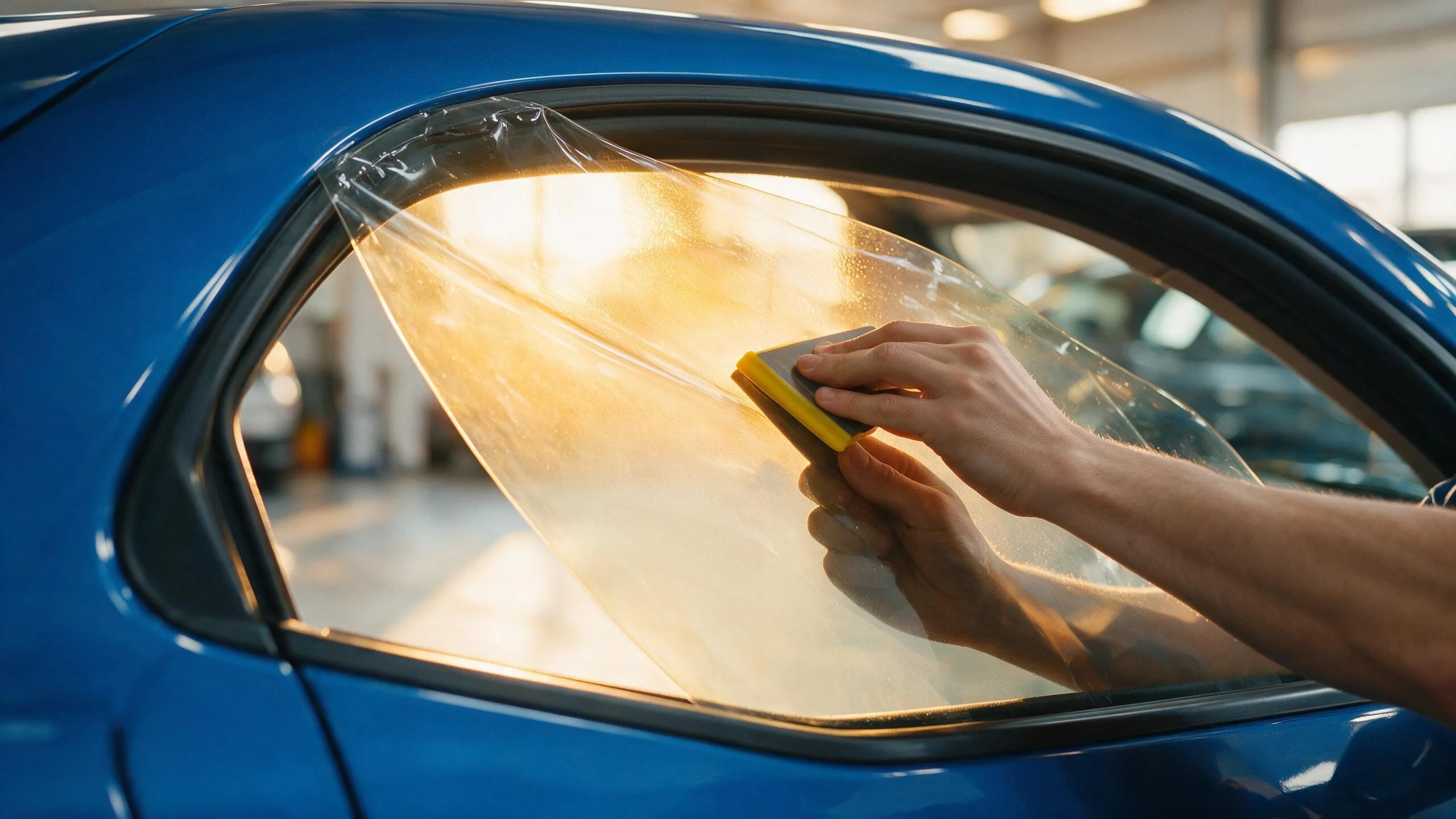 Quanto custa película solar carro: aplicação de insulfilm em vidro lateral com luz dourada do sol