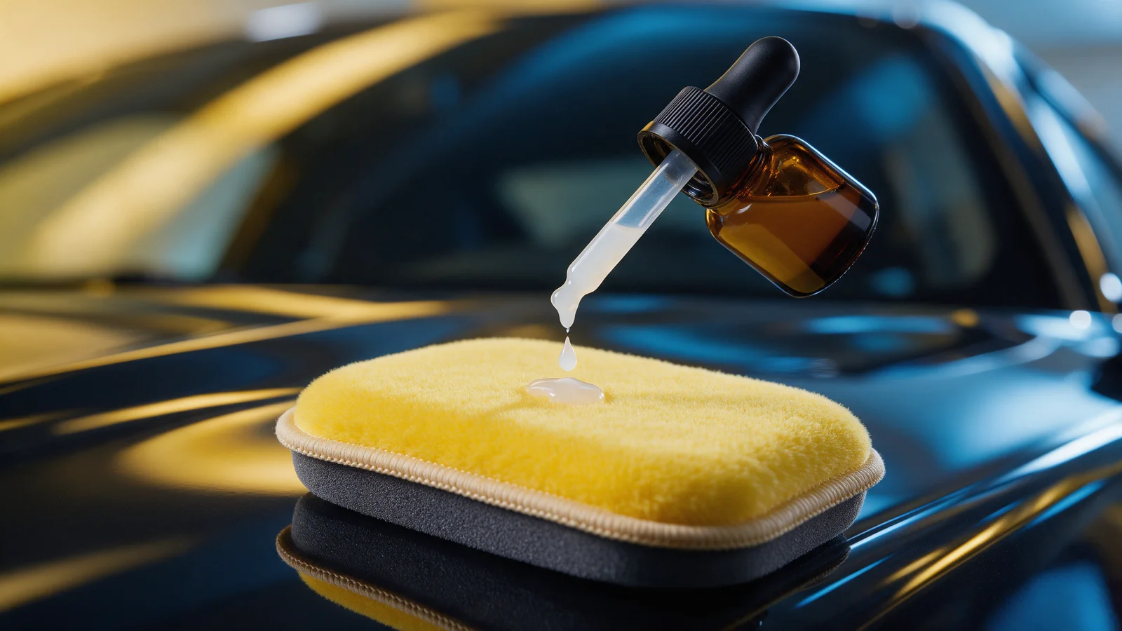 Conta-gotas aplicando produto de vitrificação em esponja amarela sobre a pintura do carro